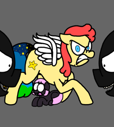 Size: 3023x3351 | Tagged: safe, artist:professorventurer, oc, oc:power star, pegasus, pony, angry, bully, bullying, concave belly, female, filly, foal, high res, mare, nose wrinkle, pegasus oc, protecting, rule 85, scared, snarling, super mario 64