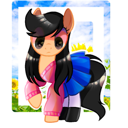 Size: 815x815 | Tagged: safe, artist:diniarvegafinahar, buddy, oc, oc only, oc:shafira, earth pony, pegasus, pony, black eye, clothes, flower, gift art, looking down, pants, raised hoof, shoes, shy, skirt, solo, sunflower