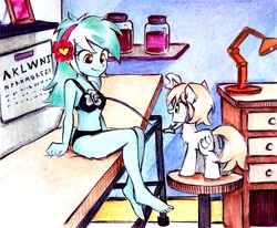 Size: 2286x1888 | Tagged: safe, artist:liaaqila, lyra heartstrings, oc, oc:healing touch, human, pony, unicorn, equestria girls, g4, bra, butt, checkup, chest fluff, clothes, commission, cute, exam room, female, filly, foal, magic, plot, stethoscope, stool, traditional art, underwear