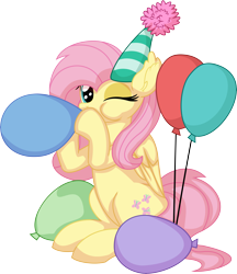 Size: 6141x7121 | Tagged: safe, artist:cyanlightning, fluttershy, pony, unicorn, g4, .svg available, absurd resolution, balloon, blowershy, blowing, blowing up balloons, commissioner:puffydearlysmith, cute, female, glasses, hat, inflating, mare, one eye closed, party hat, shyabetes, simple background, sitting, solo, transparent background, vector