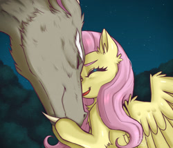 Size: 1280x1095 | Tagged: safe, artist:oniiponii, discord, fluttershy, draconequus, pegasus, pony, g4, chest fluff, duo, duo male and female, ear fluff, eyes closed, female, happy, leg fluff, male, open mouth, open smile, ship:discoshy, shipping, smiling, spirited away, straight, wing fluff, wings