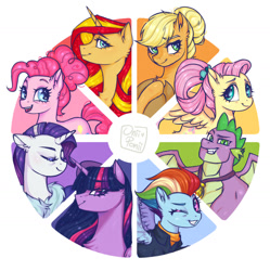 Size: 1280x1286 | Tagged: safe, artist:oniiponii, applejack, fluttershy, pinkie pie, rainbow dash, rarity, spike, sunset shimmer, twilight sparkle, alicorn, dragon, earth pony, pegasus, pony, unicorn, g4, the last problem, alicornified, animal, apple, applejack's hat, art challenge, blushing, color wheel, color wheel challenge, cowboy hat, dragon wings, eyelashes, feathered wings, female, folded wings, food, gigachad spike, grin, hat, horn, looking at you, male, mane seven, mane six, mare, older, older applejack, older fluttershy, older mane seven, older mane six, older pinkie pie, older rainbow dash, older rarity, older spike, older sunset, older twilight, older twilight sparkle (alicorn), open mouth, open smile, princess twilight 2.0, race swap, shimmercorn, simple background, smiling, spread wings, tongue out, twilight sparkle (alicorn), unshorn fetlocks, white background, winged spike, wings