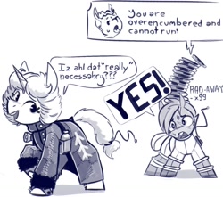 Size: 1438x1272 | Tagged: safe, artist:shouldbedrawing, oc, oc only, oc:sunset peril, oc:winter coat, earth pony, pony, unicorn, fallout equestria, clothes, coat, dialogue, duo, facial scar, female, mare, monochrome, overencumbered, rad away, scar, simple background, spacesuit, speech bubble, sweat, white background