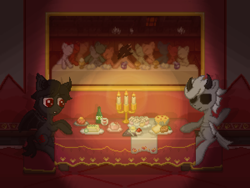 Size: 2048x1536 | Tagged: safe, artist:taoyvfei, daybreaker, oc, bat pony, changeling, devil, hybrid, g4, alcohol, apollyon, azazel (binding of isaac), beer, candelabrum, cupcake, food, liquor, locust, pie, pixel art, rule 63, soup, the binding of isaac, the last supper, white changeling