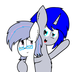 Size: 1080x1013 | Tagged: safe, artist:thunderrainbowshadow, oc, oc only, oc:flower, oc:silver bell, earth pony, pony, unicorn, best friends, duo, duo male, glasses, hug, male, shy, simple background, smiling, stallion, traditional art, white background