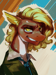 Size: 1500x2000 | Tagged: safe, artist:egil, oc, oc only, oc:posada, seapony (g4), equestria at war mod, bust, clothes, disco elysium, female, grin, looking at you, portrait, seapony oc, smiling, solo, suit