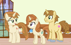 Size: 923x587 | Tagged: safe, artist:starryc94, cinnamon chai, donut joe, oc, oc:starry cake, pony, unicorn, g4, base used, canterlot, cinnamon donut, father and child, father and daughter, female, husband and wife, male, mare, mother and child, mother and daughter, offspring, parent:cinnamon chai, parent:donut joe, parents:cinnamon donut, shipping, stallion, straight, trio, turned head