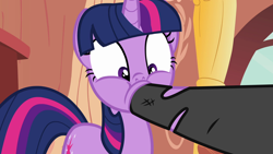 Size: 1920x1080 | Tagged: safe, screencap, twilight sparkle, pony, unicorn, g4, it's about time, season 2, catsuit, duo, faic, female, future twilight, golden oaks library, hoof in mouth, mare, meme origin, not what it looks like, out of context, self paradox, self ponidox, twilight sparkle is best facemaker, unicorn twilight
