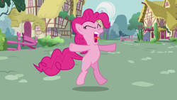 Size: 1920x1080 | Tagged: safe, screencap, pinkie pie, earth pony, pony, g4, it's about time, season 2, bush, cloud, faic, female, fence, house, mare, open mouth, panic, panicking, pinkie being pinkie, pinkie pie is best facemaker, ponyville, screaming, sky, solo, tongue out, tree