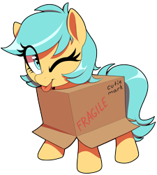 Size: 1800x2000 | Tagged: safe, artist:thebatfang, oc, oc only, oc:boxfilly, pegasus, pony, box, cute, female, filly, foal, looking at you, one eye closed, pony in a box, simple background, solo, tongue out, transparent background, wink, winking at you