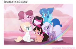 Size: 2675x1734 | Tagged: safe, artist:hatsuukki, artist:muhammad yunus, alicorn, earth pony, gem (race), gem pony, hybrid, pegasus, pony, unicorn, g4, spoiler:steven universe: the movie, amethyst, amethyst (steven universe), artificial wings, augmented, base used, cartoon network, crossover, crystal gems, female, fusion, garnet (steven universe), gem, gem fusion, glasses, group, happy, headwear, hydrokinesis, ibis paint, lapis lazuli, lapis lazuli (steven universe), looking at you, magic, magic wings, male, open mouth, open smile, pearl, pearl (steven universe), ponified, quartz, rose quartz (gemstone), sextet, shield, simple background, smiling, smiling at you, spear, spinel, spinel (steven universe), spoilers for another series, steven quartz universe, steven universe, steven universe: the movie, sunlight, sunset, sword, text, visor, water, watermark, weapon, whip, wings
