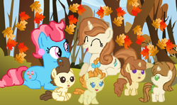Size: 1034x611 | Tagged: safe, artist:starryc94, cinnamon chai, cup cake, pound cake, pumpkin cake, oc, oc:comet, oc:lucy, earth pony, pegasus, pony, unicorn, g4, baby, baby pony, base used, brother and sister, cake twins, colt, eyes closed, female, filly, foal, leaves, male, mare, mother and child, mother and daughter, mother and son, offspring, parent:cinnamon chai, parent:donut joe, parents:cinnamon donut, siblings, twins