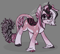 Size: 1320x1200 | Tagged: safe, artist:frowoppy, oc, kirin, cloven hooves, female, gray background, simple background, smiling, solo, unshorn fetlocks