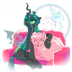 Size: 1820x1820 | Tagged: safe, artist:beehunterkisser, queen chrysalis, oc, oc:fluffle puff, changeling, changeling queen, earth pony, original species, pony, g4, canon x oc, couch, duo, eyes closed, female, fluffy, hoof around neck, lesbian, mare, ship:chrysipuff, shipping, simple background, sitting, white background