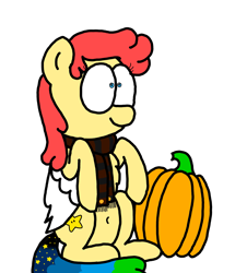 Size: 3023x3351 | Tagged: safe, artist:professorventurer, oc, oc:power star, pegasus, pony, autumn, belly button, chest fluff, clothes, cute, female, fluffy, happy, haunches, high res, mare, ocbetes, pegasus oc, pumpkin, rule 85, scarf, simple background, sitting, smiling, super mario 64, white background