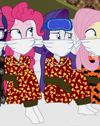 Size: 1204x1512 | Tagged: safe, artist:robukun, edit, fluttershy, pinkie pie, rarity, sci-twi, twilight sparkle, ghost, human, undead, equestria girls, g4, bondage, bound and gagged, cloth gag, clothes, cropped, dress, gag, halloween, haunted house, holiday, long dress, long skirt, nightgown, over the nose gag, pajamas, skirt, sleep mask, socks, tied up