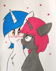 Size: 2590x3282 | Tagged: safe, artist:thunderrainbowshadow, oc, oc only, oc:kolbe, oc:ruby, pony, unicorn, blushing, duo, duo male and female, female, high res, male, mare, shipping, simple background, stallion, straight, traditional art, white background