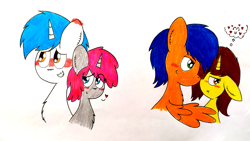 Size: 3885x2191 | Tagged: safe, artist:thunderrainbowshadow, oc, oc only, oc:kolbe, oc:rain, oc:ruby, oc:sunny, pegasus, pony, unicorn, blushing, female, group, high res, male, mare, shipping, simple background, stallion, straight, traditional art, white background