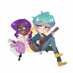 Size: 2048x2048 | Tagged: safe, artist:_cosmic_bees_, hitch trailblazer, pipp petals, human, g5, clothes, dark skin, duo, duo male and female, eyebrows, eyebrows visible through hair, female, grin, guitar, high res, humanized, light skin, looking at each other, looking at someone, male, musical instrument, plaid shirt, plaid skirt, ship:pitch, shipping, shirt, simple background, skirt, smiling, smiling at each other, straight, white background