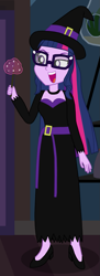 Size: 557x1529 | Tagged: safe, artist:robukun, edit, sci-twi, twilight sparkle, human, equestria girls, g4, clothes, cropped, dress, glasses, halloween, hat, high heels, holiday, long dress, long skirt, loose hair, magic, magic aura, magic wand, shoes, skirt, solo, witch, witch hat