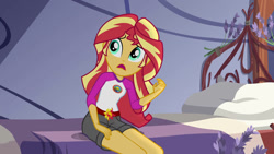 Size: 1192x670 | Tagged: safe, screencap, sunset shimmer, human, equestria girls, g4, my little pony equestria girls: legend of everfree, bed, camp everfree logo, camp everfree outfits, clothes, pants, sitting, solo