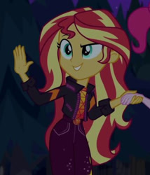 Size: 827x968 | Tagged: safe, screencap, pinkie pie, sunset shimmer, human, equestria girls, equestria girls specials, g4, my little pony equestria girls: better together, my little pony equestria girls: sunset's backstage pass, cropped, night, offscreen character, solo focus