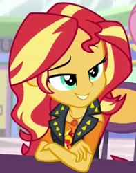 Size: 501x636 | Tagged: safe, screencap, sunset shimmer, human, equestria girls, equestria girls specials, g4, my little pony equestria girls: better together, my little pony equestria girls: rollercoaster of friendship, cropped, female, grin, lidded eyes, smiling, smug, solo focus