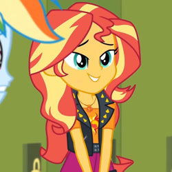 Size: 894x894 | Tagged: safe, screencap, rainbow dash, sunset shimmer, human, equestria girls, equestria girls specials, g4, my little pony equestria girls: better together, my little pony equestria girls: holidays unwrapped, o come all ye squashful, cropped, female, geode of empathy, lidded eyes, magical geodes, offscreen character