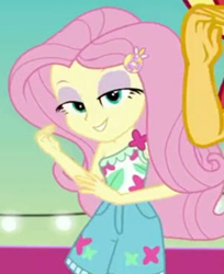 Size: 516x632 | Tagged: safe, screencap, fluttershy, sunset shimmer, human, equestria girls, g4, i'm on a yacht, my little pony equestria girls: better together, bedroom eyes, clothes, cropped, cute, flutterbeautiful, looking at you, pants, shyabetes, solo focus, stupid sexy fluttershy