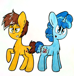 Size: 2804x2889 | Tagged: safe, artist:thunderrainbowshadow, feather bangs, party favor, earth pony, pony, unicorn, g4, duo, duo male, high res, male, simple background, stallion, traditional art, white background