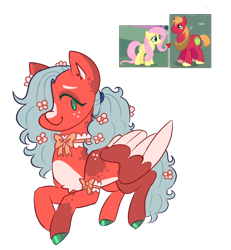 Size: 1160x1254 | Tagged: safe, artist:snansswap, big macintosh, fluttershy, oc, earth pony, pegasus, pony, g4, blaze (coat marking), bow, coat markings, colored hooves, colored wings, colored wingtips, facial markings, female, flower, flower in hair, freckles, hair over one eye, heart, male, mare, offspring, pale belly, parent:big macintosh, parent:fluttershy, parents:fluttermac, pegasus oc, screencap reference, ship:fluttermac, shipping, simple background, smiling, stallion, straight, transparent background, wings