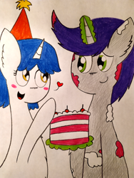 Size: 3000x4000 | Tagged: safe, artist:thunderrainbowshadow, written script, oc, oc:misty hope, pony, unicorn, g4, birthday, birthday cake, blushing, cake, canon x oc, duo, duo male and female, female, food, male, mare, shipping, simple background, stallion, straight, traditional art, white background