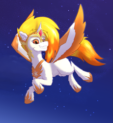 Size: 827x898 | Tagged: safe, artist:gosha305, daybreaker, flare (g5), pegasus, pony, g5, accessory swap, armor, background pony, cheek fluff, clothes, costume, ear fluff, fake horn, flying, full body, jewelry, multicolored hair, night, night sky, nightmare night costume, regalia, sky, sky background, smiling, solo, spread wings, teeth, wings