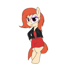 Size: 2000x1800 | Tagged: safe, artist:amateur-draw, oc, oc only, oc:phosphor flame, earth pony, pony, semi-anthro, arm hooves, bipedal, clothes, dress, jacket, leather, leather jacket, makeup, red dress, simple background, solo, sultry pose, white background