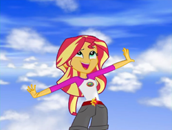 Size: 986x750 | Tagged: safe, edit, edited screencap, editor:incredibubbleirishguy, screencap, sunset shimmer, human, equestria girls, g4, my little pony equestria girls: legend of everfree, cloud, flying, i can fly, i'm flying, not a vector, sky, superpower