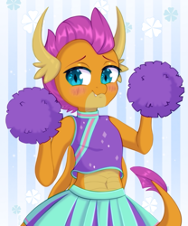 Size: 2500x3000 | Tagged: safe, artist:etoz, smolder, dragon, g4, abstract background, belly, belly button, blushing, cheerleader, cheerleader outfit, cheerleader smolder, clothes, cute, dragoness, eyebrows, eyebrows down, fangs, female, happy, high res, horns, looking away, pleated skirt, pom pom, shy, skirt, smiling, smolderbetes, solo, tail, wings