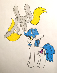 Size: 2044x2616 | Tagged: safe, artist:thunderrainbowshadow, derpy hooves, oc, oc:misty hope, pegasus, pony, unicorn, g4, duo, duo female, female, flying, high res, mare, simple background, traditional art, white background