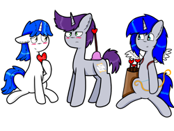 Size: 4000x3000 | Tagged: safe, artist:thunderrainbowshadow, written script, oc, oc:misty hope, oc:silver bell, pony, unicorn, g4, blushing, canon x oc, cupid, female, male, mare, shipping, simple background, stallion, straight, traditional art, trio, white background