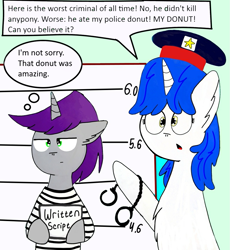 Size: 995x1080 | Tagged: safe, artist:thunderrainbowshadow, written script, oc, oc:misty hope, pony, unicorn, g4, canon x oc, clothes, duo, duo male and female, female, male, mare, mugshot, police uniform, shipping, stallion, straight, traditional art
