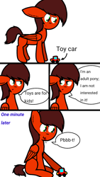 Size: 720x1280 | Tagged: safe, artist:thunderrainbowshadow, oc, oc only, oc:midnight, pegasus, pony, male, simple background, solo, stallion, toy car, traditional art, white background
