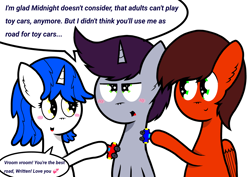 Size: 1754x1240 | Tagged: safe, artist:thunderrainbowshadow, written script, oc, oc:midnight, oc:misty hope, pegasus, pony, unicorn, g4, blushing, canon x oc, female, male, mare, shipping, simple background, stallion, straight, toy car, traditional art, trio, white background