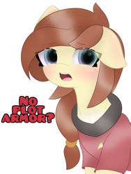Size: 1870x2493 | Tagged: safe, artist:sodapop sprays, oc, oc only, oc:naomi horsely, oc:naomi horsley, oc:redshirt, pony, cute, eye clipping through hair, female, mare, meme, no bitches?, one ear down, red shirt, simple background, solo, star trek, star trek (tos), white background