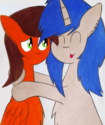 Size: 2379x2850 | Tagged: safe, artist:thunderrainbowshadow, oc, oc only, oc:midnight, oc:silver bell, pegasus, pony, unicorn, best friends, duo, high res, hug, male, simple background, stallion, tongue out, traditional art, white background