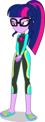 Size: 1525x4164 | Tagged: safe, alternate version, artist:dustinwatsongkx, sci-twi, twilight sparkle, human, equestria girls, g4, my little pony equestria girls: better together, accessory swap, clothes, clothes swap, feet, female, fluttershy's wetsuit, glasses, sandals, simple background, solo, swimsuit, swimsuit swap, transparent background, vector, wetsuit