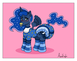 Size: 2165x1702 | Tagged: safe, artist:aquaeagle, princess luna, alicorn, pony, g4, adult foal, blushing, clothes, diaper, diaper fetish, embarrassed, fetish, impossibly large diaper, looking back, non-baby in diaper, onesie, pacifier, poofy diaper, red background, simple background, socks, solo, striped socks