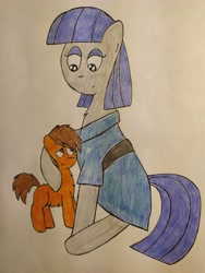 Size: 4000x3000 | Tagged: safe, artist:thunderrainbowshadow, maud pie, oc, earth pony, pony, g4, colt, duo, duo male and female, female, foal, hug, male, mare, simple background, sitting, smiling, traditional art, when she smiles, white background
