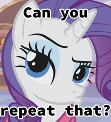 Size: 1170x1293 | Tagged: safe, edit, edited screencap, screencap, rarity, pony, unicorn, g4, season 1, suited for success, caption, cropped, duckface, eyebrows, female, image macro, looking at you, mare, meme, pouting, raised eyebrow, solo, text