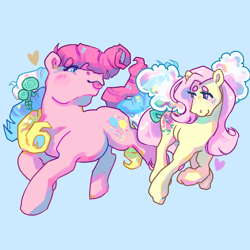 Size: 2048x2048 | Tagged: safe, artist:poniesart, fluttershy, pinkie pie, earth pony, flutter pony, pony, g1, g4, alternate design, alternate hairstyle, blue background, duo, g4 to g1, generation leap, heart, high res, long description, redesign, simple background, smolshy