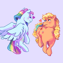 Size: 2048x2048 | Tagged: safe, artist:poniesart, applejack, rainbow dash, earth pony, pegasus, pony, g1, g4, duo, female, g4 to g1, generation leap, heart, high res, lesbian, long description, purple background, rainbow ponies, ship:appledash, shipping, simple background