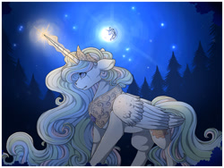 Size: 1280x960 | Tagged: safe, artist:binibean, princess celestia, alicorn, pony, g4, crying, female, jewelry, large wings, magic, mare, mare in the moon, moon, night, regalia, solo, tree, wings